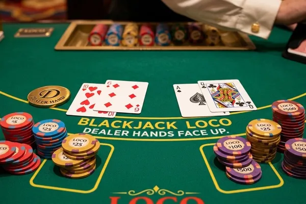 Mesa de blackjack en un casino de Bogotá con fichas y cartas distribuidas